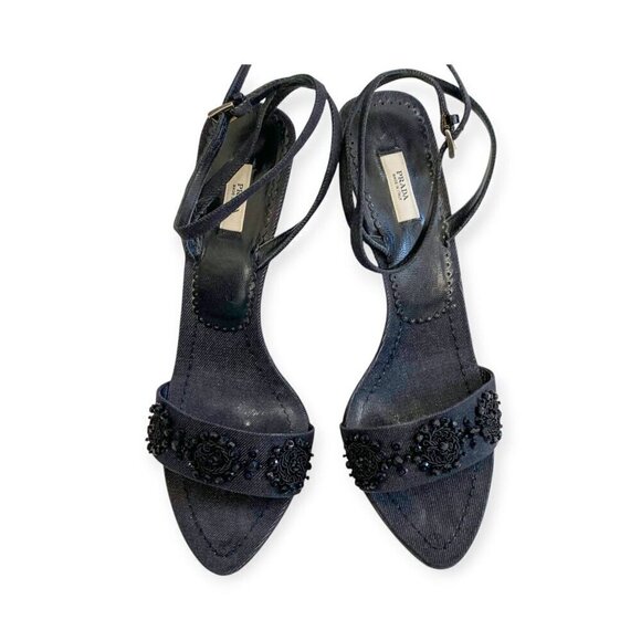 Prada denim ankle strap heeled sandal with black beading, size 38 EU - Picture 5 of 15
